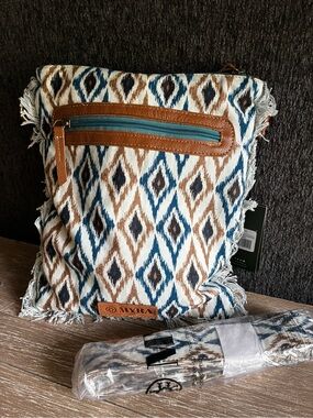 Myra Bag “Beautiful Tapestry Crossbody Bag Cream, Brown & Blue Diamond-Pattern